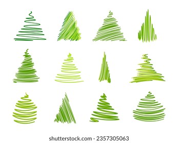 Scribble Christmas tree set. Doodle Christmas trees group. Hand drawn pine trees collection. Holiday decoration element. Xmas fir symbols. Ornaments isolated on white background. Vector illustration. 