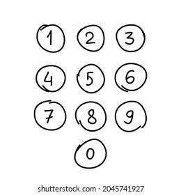 Scribble Circle Font Hand Drawn. Numbers Black Isolated. Vector