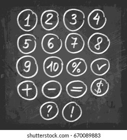 Scribble circle font handwritten numbers and symbols on chalkboard background. Vector icons, illustration.
