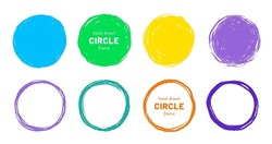 Scribble Circle Round Vector Frame. Hand Drawn Rough Scribble Effect Line. Children Color Crayon Brush Stroke Frame. Scribble Hand Drawn Grunge Doodle Color Circle Set. Vector Illustration