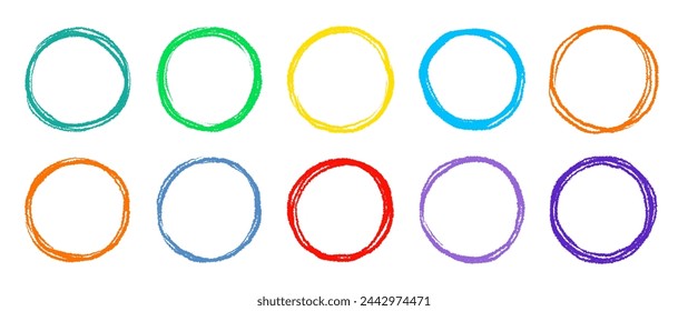 Scribble circle round vector frame. Hand drawn rough scribble effect line. Children color crayon brush stroke frame. Scribble hand drawn grunge doodle color circle set. Vector illustration
