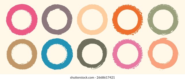 Rabisco círculo em torno do quadro vetorial. Forma redonda grunge. Palavras manuscritas Fresco, Orgânico, Puro, Desfrute com cor círculo pincelar traçado fundos. Ilustração vetorial.