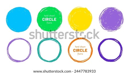 Scribble circle round vector frame. Hand drawn rough scribble effect line. Children color crayon brush stroke frame. Scribble hand drawn grunge doodle color circle set. Vector illustration