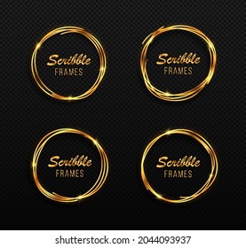 Scribble circles frames. Drawn circles sketch. Gold frames on a dark background. Set of hand drawn golden circles.