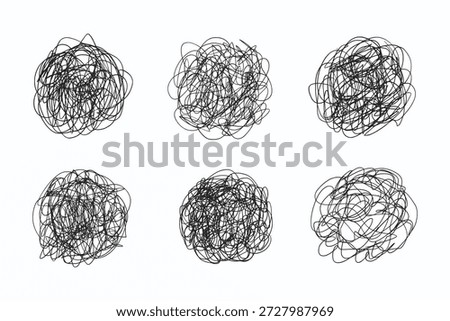 Scribble Clew Vector Set. Chaos messy clew lines icons. Hand drawn tangled crazy lines spherical shapes collection. Scrawl doodle circle drawing