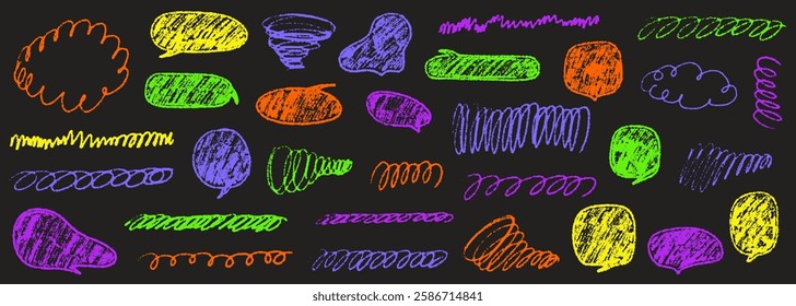 Scribble crayon curve underline. Crayon line swirl various stripe and speech bubble. Chalk scratch texture shape children kid naive. Vector illustration