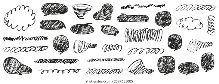 Scribble crayon curve underline. Crayon line swirl various stripe and speech bubble. Chalk scratch texture shape children kid naive. Vector illustration