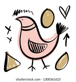 Scribble creative background with bird. Universal pattern. Unique stylish modern brush painting, light colors abstract poster, room decor. Vector illustration, clipart