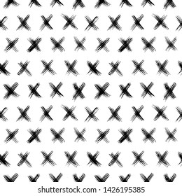 Scribble cross ink brush seamless pattern. Hipster noughts hand drawn texture. Trendy monochrome texture with pluses, crosses, X symbol. Grunge background design.  Abstract brush strokes backdrop.