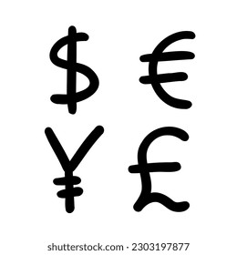 Scribble currency money finance sign icons dollar usd. Vector illustration in hand drawn cartoon doodle style isolated on white background. For card, typography, banks, presentation.