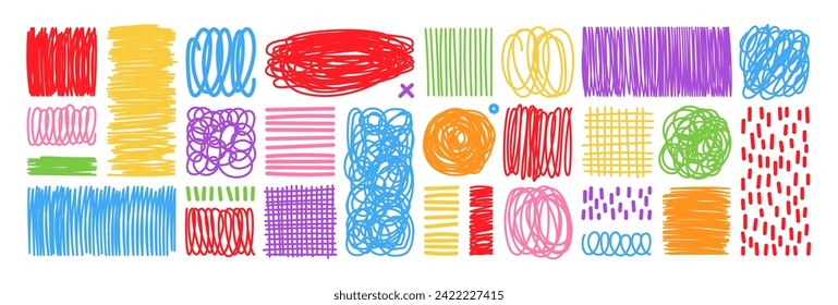 Scribble doodle abstract geometric shapes set. Hand drawn brush stroke sketch texture in childish drawing style. Colorful kid playful simple vector illustrations. Editable stroke.