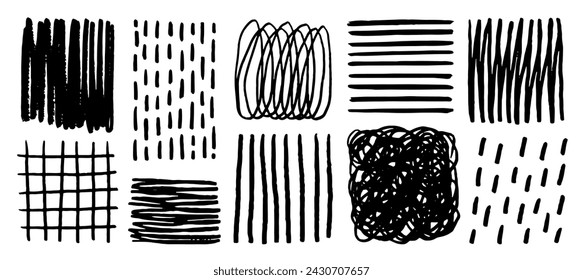 Conjunto de formas geométricas abstractas garabato garabato garabato. Dibujado a mano pincelada trazo bosquejar textura en estilo de dibujo infantil. Ilustraciones de vector simples en blanco y negro. Trazo editable.