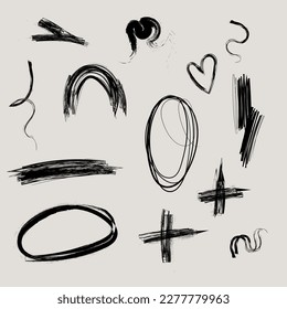 Scribble doodle abstract grunge brush stroke elements for scrapbooking, collage, handdrawn set collection wavy comic art scratch mark trendy drawing.