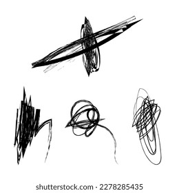 Scribble doodle abstract grunge brush stroke elements for scrapbooking, collage, handdrawn set collection wavy comic art scratch mark trendy drawing.
