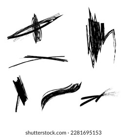 Scribble doodle abstract grunge brush stroke spot dirty dusty elements for scrapbooking, collage, handdrawn set collection wavy comic art scratch mark trendy drawing.