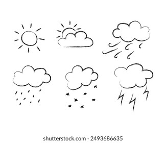 Scribble doodle charcoal paint weather set. Kids hand drawn pencil abstract sketch.