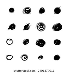 Scribble doodle circle and point. Collection black shapes dots and drops. Set of hand drawn doodle circles in a grunge style. Vector illustration for bullet journal. Isolated white background.