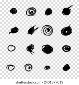 Scribble doodle circle and point. Collection black shapes dots and drops. Set of hand drawn doodle circles in a grunge style. Vector illustration for bullet journal. Transparent background.