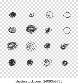 Scribble doodle circle and point. Collection black shapes dots and drops. Set of hand drawn doodle circles in a grunge style. Vector illustration for bullet journal. Transparent background.