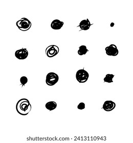 Scribble doodle circle and point. Collection black shapes dots and drops. Set of hand drawn doodle circles in a grunge style. Vector illustration for bullet journal. Isolated white background.