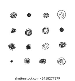 Scribble doodle circle and point. Collection black shapes dots and drops. Set of hand drawn doodle circles in a grunge style. Vector illustration for bullet journal. Isolated white background.