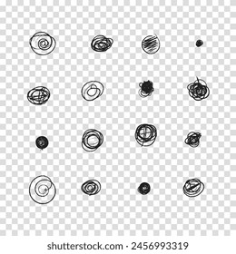 Scribble doodle circle and point. Collection black shapes dots and drops. Set of hand drawn doodle circles in a grunge style. Vector illustration for bullet journal. Transparent background.