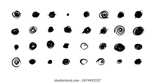 Scribble doodle circle and point. Collection black shapes dots and drops. Set of hand drawn doodle circles in a grunge style. Vector illustration for bullet journal. Isolated white background.