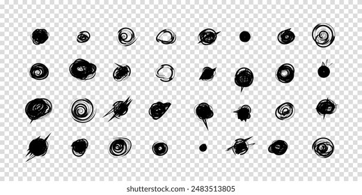 Scribble doodle circle and point. Collection black shapes dots and drops. Set of hand drawn doodle circles in a grunge style. Vector illustration for bullet journal. Transparent background.