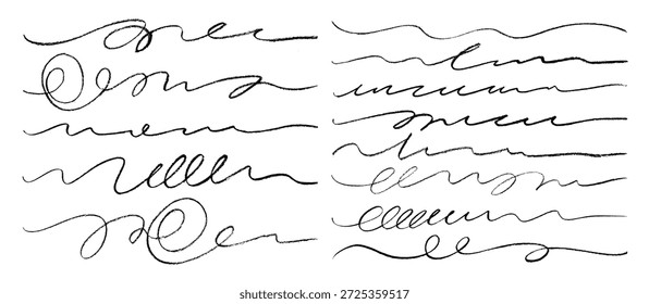 Scribble doodle crayon underlines and border collection. Squiggle sketchy lines and swirl strokes. Hand drawn vector ink illustration. Scratch scribble horizontal wavy and squiggly lines.