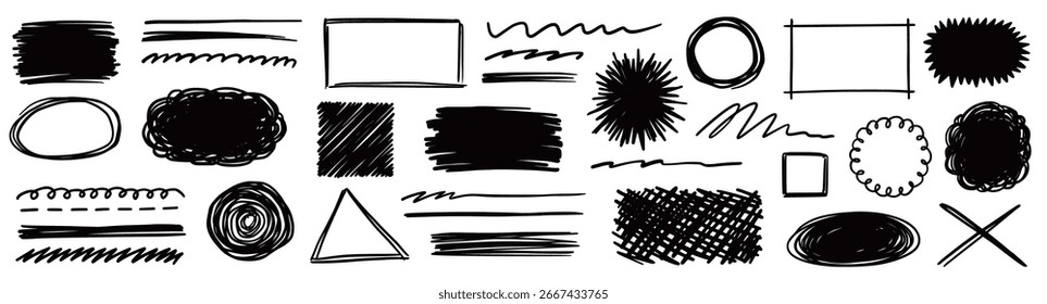Conjunto de Formas de lápiz dibujadas con garabatos. Dibujado a mano estilo doodle rectángulo, marcos de círculo y subrayados. Bordes texturizados de garabatos de lápiz, Elementos de pincel abstracto grunge. Ilustración vectorial