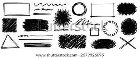 Scribble doodle drawn pencil shapes set. Hand drawn sketch doodle style rectangle, circle frames and underlines. Pencil scribble textured borders, grunge abstract brush elements. Vector illustration