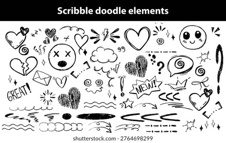Scribble doodle elements for poster, social media. Handwritten love, mad, irritation, anger doodles. Rough emotional hand drawn ball pen sketch grunge illustrations. Chaotic freehand pencil drawings
