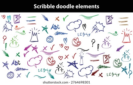Scribble doodle elements for poster, social media. Handwritten love, mad, irritation, anger doodles. Rough emotional hand drawn ball pen sketch grunge illustrations. Chaotic freehand pencil drawings