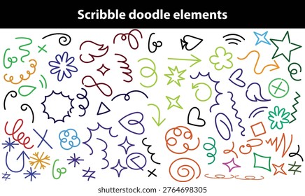 Scribble doodle elements for poster, social media. Handwritten love, mad, irritation, anger doodles. Rough emotional hand drawn ball pen sketch grunge illustrations. Chaotic freehand pencil drawings