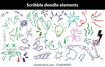 Scribble doodle elements for poster, social media. Handwritten love, mad, irritation, anger doodles. Rough emotional hand drawn ball pen sketch grunge illustrations. Chaotic freehand pencil drawings