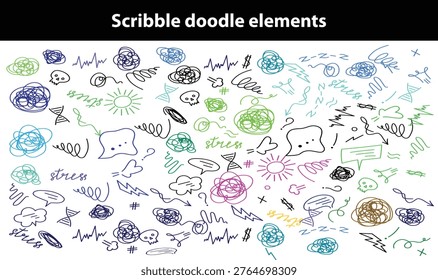 Scribble doodle elements for poster, social media. Handwritten love, mad, irritation, anger doodles. Rough emotional hand drawn ball pen sketch grunge illustrations. Chaotic freehand pencil drawings