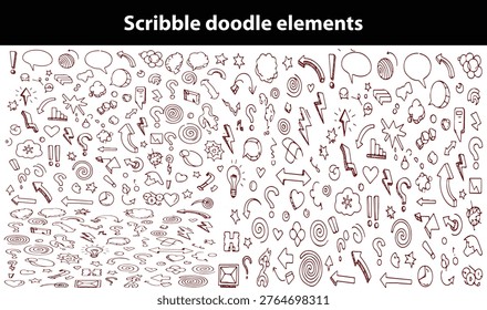 Scribble doodle elements for poster, social media. Handwritten love, mad, irritation, anger doodles. Rough emotional hand drawn ball pen sketch grunge illustrations. Chaotic freehand pencil drawings