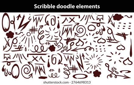 Scribble doodle elements for poster, social media. Handwritten love, mad, irritation, anger doodles. Rough emotional hand drawn ball pen sketch grunge illustrations. Chaotic freehand pencil drawings