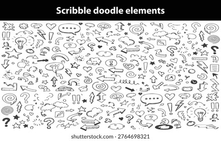 Scribble doodle elements for poster, social media. Handwritten love, mad, irritation, anger doodles. Rough emotional hand drawn ball pen sketch grunge illustrations. Chaotic freehand pencil drawings