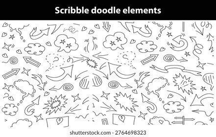 Scribble doodle elements for poster, social media. Handwritten love, mad, irritation, anger doodles. Rough emotional hand drawn ball pen sketch grunge illustrations. Chaotic freehand pencil drawings