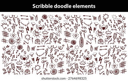 Scribble doodle elements for poster, social media. Handwritten love, mad, irritation, anger doodles. Rough emotional hand drawn ball pen sketch grunge illustrations. Chaotic freehand pencil drawings