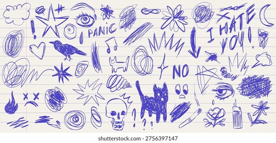Scribble doodle elements for print, stickers. Handwritten love, mad, irritation, anger doodles. Rough emotional hand drawn blue ball pen sketch grunge illustrations. Chaotic freehand pencil drawings.