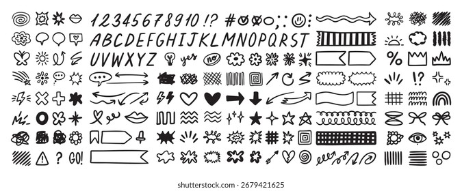 Scribble doodle elements set, paint underline children marker scratch, vector pen squiggle kit collection. Kids hand drawn abstract sketch, alphabet, texture, icons, heart. Vector illustration