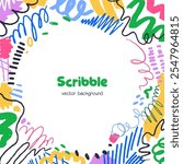 Scribble doodle framed background design with brushstrokes, freehand pencil drawings, lines. Abstract hand-drawn elements, shapes pattern on modern creative post card. Colored flat vector illustration