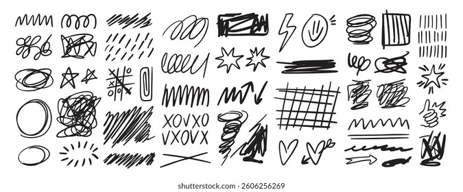 Scribble doodle hand drawn messy ink strokes set. Freehand lines and shapes. Hand drawn pencil curves and black marker swirl, pen sketch. Vector illustration