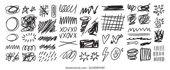 Scribble doodle hand drawn messy ink strokes set. Freehand lines and shapes. Hand drawn pencil curves and black marker swirl, pen sketch. Vector illustration