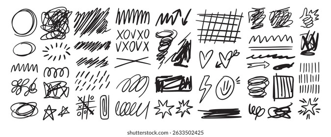 Scribble doodle hand drawn messy ink strokes set. Freehand lines and shapes. Hand drawn pencil curves and black marker swirl, pen sketch. Vector illustration