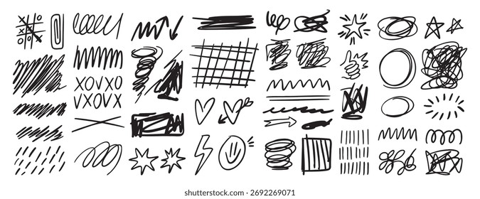 Scribble doodle hand drawn messy ink strokes set. Freehand lines and shapes. Hand drawn pencil curves and black marker swirl, pen sketch. Vector illustration