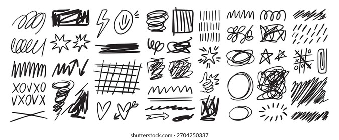 Scribble doodle handgezeichnete chaotische Tintenstriche gesetzt. Freihandlinien und -formen. Handgezeichnete Bleistiftzwölbungen und schwarzer Marker wirbeln, Stiftskizze. Vektorgrafik