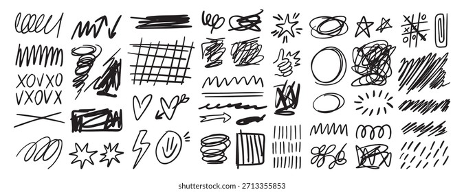 Garabato dibujado a mano desordenado conjunto de trazos de tinta. Líneas y Formas a mano alzada. Curvas de lápiz dibujadas a mano y remolino de marcador negro, boceto de pluma. Ilustración vectorial